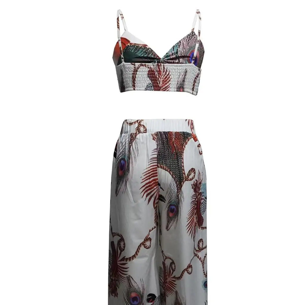 Women's Feather Printed Black Vacation Sexy Strap Pants Set - SJB-DIAMOND ELITES
