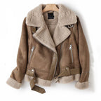 WInter Lapel Jacket Suede Lamb Wool Warm Coat Motorcycle Clothing Women Outwears Pi-Mart