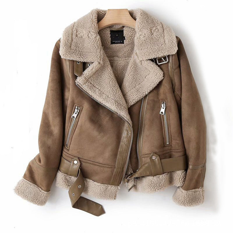 WInter Lapel Jacket Suede Lamb Wool Warm Coat Motorcycle Clothing Women Outwears Pi-Mart