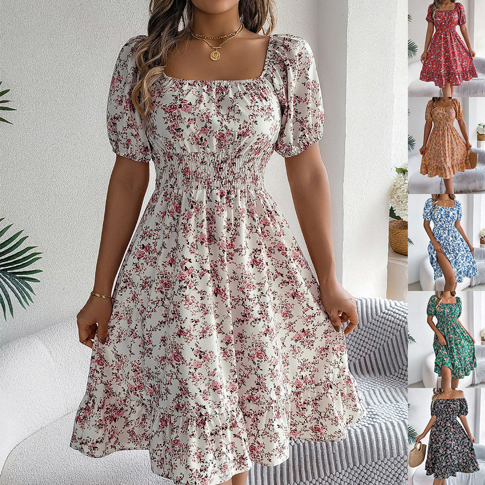 Floral Print Square Collar Dress Summer Fashion Ruffles Dresses Women's Clothing Pi-Mart