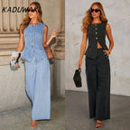 KADUWAKI Slim Denim Waistcoat Jeans 2pc Women Elegant Single Breasted O Neck Vest Wide Leg Pants Spring Lady High Street Outfits Purplish Diva