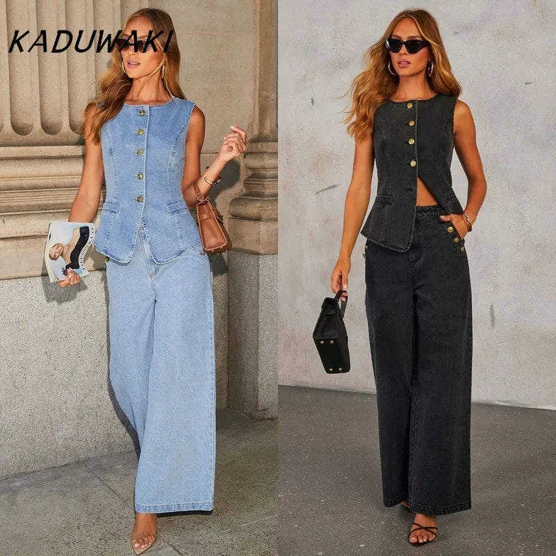 KADUWAKI Slim Denim Waistcoat Jeans 2pc Women Elegant Single Breasted O Neck Vest Wide Leg Pants Spring Lady High Street Outfits Purplish Diva