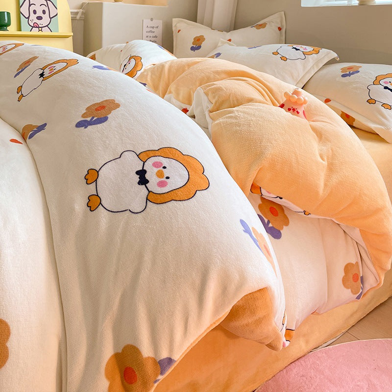 Winter Thickening Milk Fiber Bed Four-piece Coral Velvet Quilt Cover Flange Double-sided Bed Sheet Three-piece Bedding Pi-Mart