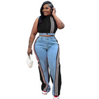 2 Pieces Women's Sets 2025 Spring Summer Denim Sleeveless Suit Tops And Wide Leg Pants Suits Two Piece Set Tracksuit Outfit Purplish Diva