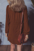 Burgundy Floral Embroidered Tassel Tie Waist Long Sleeve Mini Dress