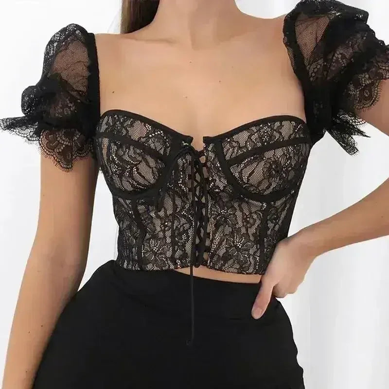 Black lace up mesh sexy crop top - SJB-DIAMOND ELITES