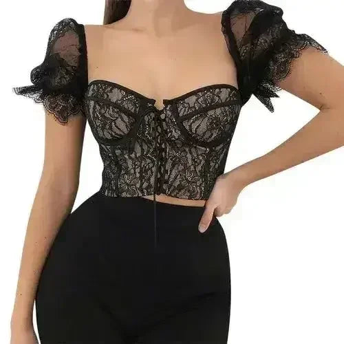 Black lace up mesh sexy crop top - SJB-DIAMOND ELITES