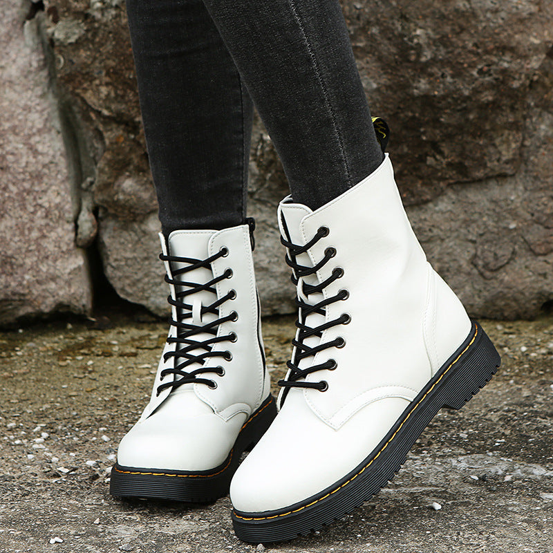 Fashion Lace-up Boots For Women Autumn And Winter Black White Zipper Mid-calf Boots Elegant Low Heel Shoes Pi-Mart
