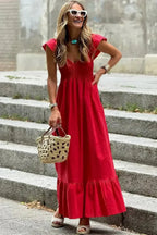 Black V Neck Flutter Sleeve Smocked Bodice High Waist Ruffle Maxi Dress