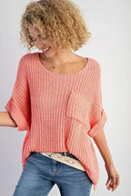 Salmon Rolled Cuff Knit Tee - Oversized Comfort | Femstylo