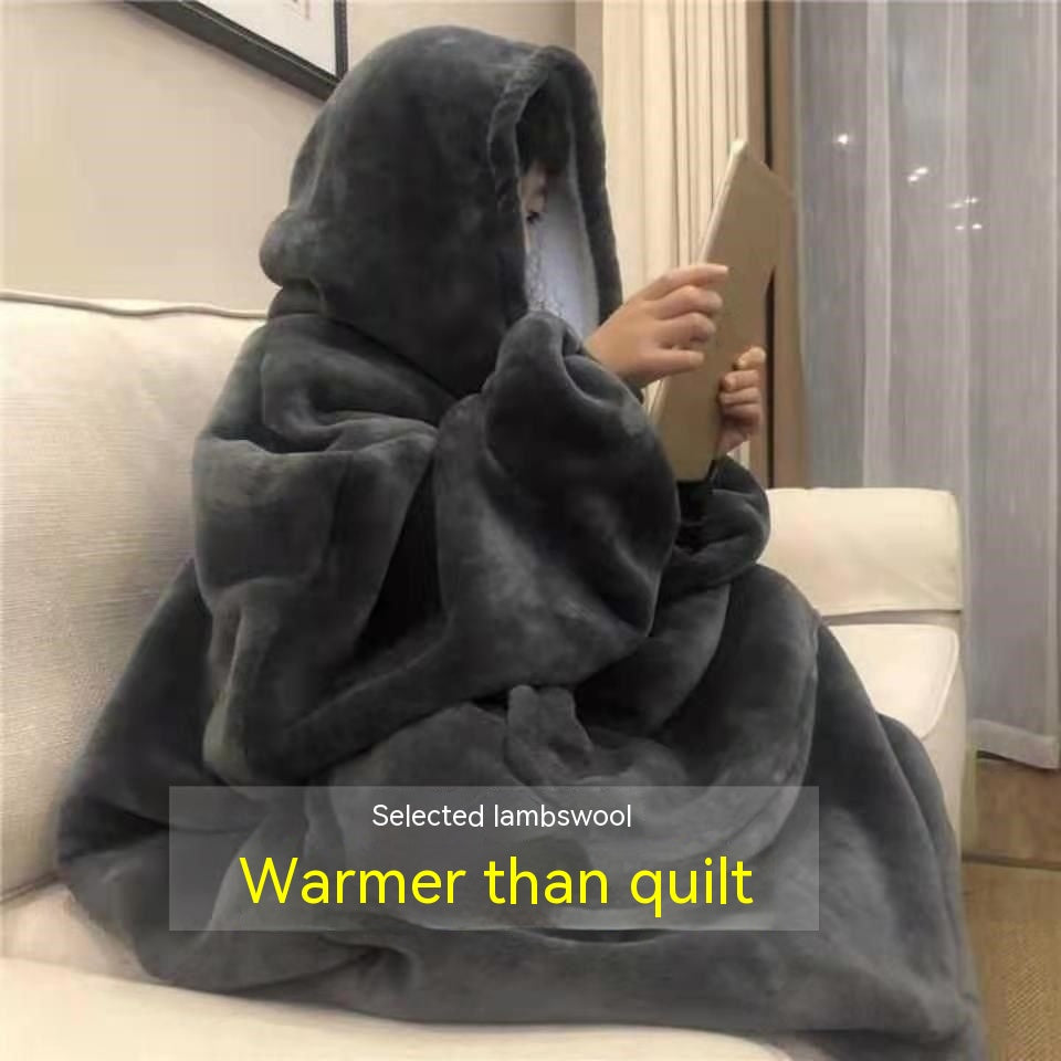 Male Student Thickened Warm Nightgown Flannel Outerwear Couple Homewear Hooded Blanket Pi-Mart