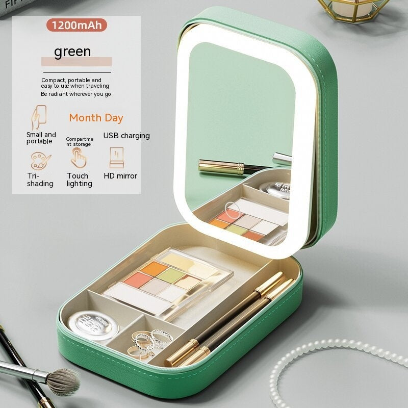 Makeup Storage Box With LED Light Mirror Portable Travel Makeup Cosmetics Storage Box Touch Light Storage Organizer Pi-Mart