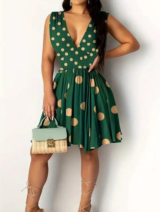 Ladies' V-neck Polka Dot Printed Fashionable Dress - SJB-DIAMOND ELITES