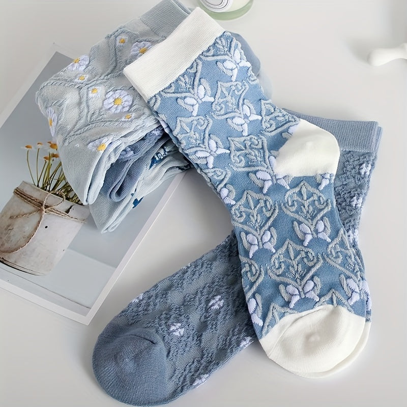 5 Comfy Cartoon Flower Pattern Knitted Socks, Breathable Soft Crew Socks For Outdoor Wearing Lootquake LLC