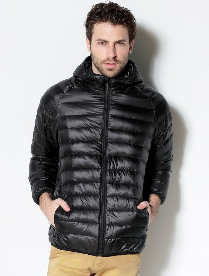 Men's Solid Color Hooded Striped Fashion Lightweight Down Jacket