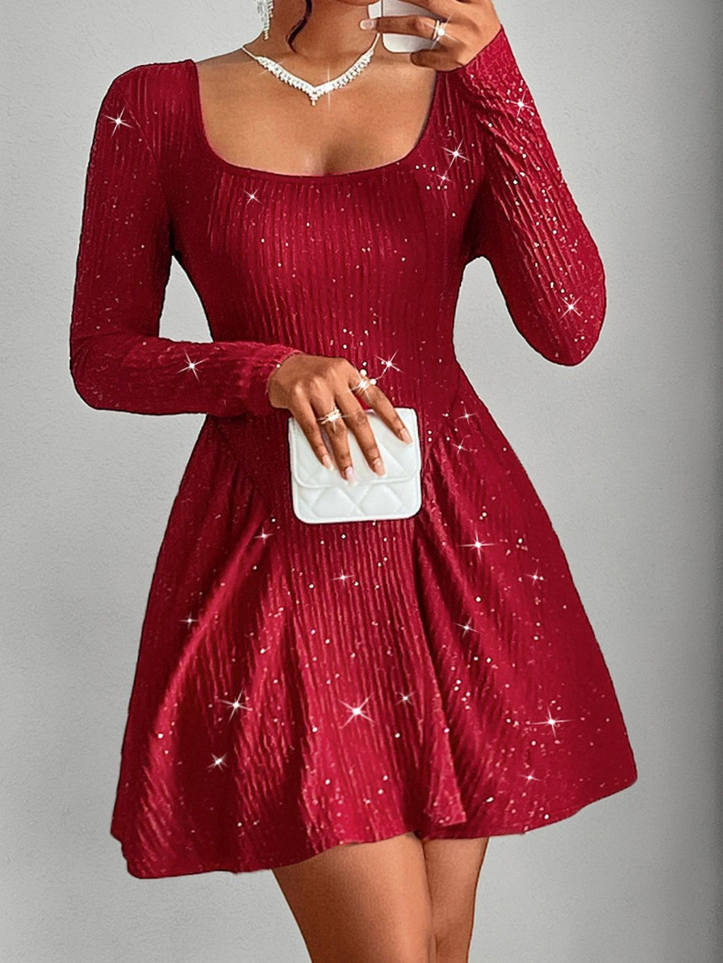 Luxury Glamorous Backless Glitter Dress Mini Dress Square Neck Long Sleeve Deep Red Dress Stevvex