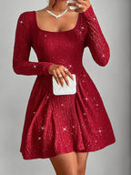 Luxury Glamorous Backless Glitter Dress Mini Dress Square Neck Long Sleeve Deep Red Dress Stevvex