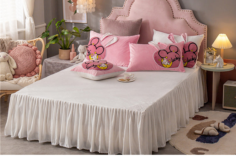Coral Velvet Padded Warm Duvet Cover Princess Wind Bed Skirt Pi-Mart