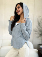 Culture Code Full Size Ribbed Zip Up Drawstring Hooded Jacket Women Trendy Jacket With Adjustable Hood For Women