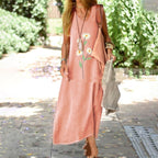 Large Design Cotton And Linen Retro Printed V-neck Dress Lootquake LLC