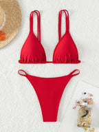 Bikini Solid Color Triangle V Neck 2 Piece Bikini Set for Women – Stretchy Double Strap Tie Back V String Swimwear with Lace Up Detail – Flattering Beach Vacation Swimsuit for Confident Summer Style and Poolside Fashion