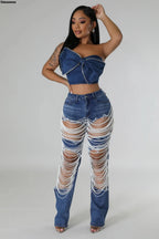 Women's Destroyed Ripped Hole Denim Pants Pearl Rhinestones Chain Distressed Slim Fit Skinny Jeans Y2K Night Club Party Jeans Purplish Diva