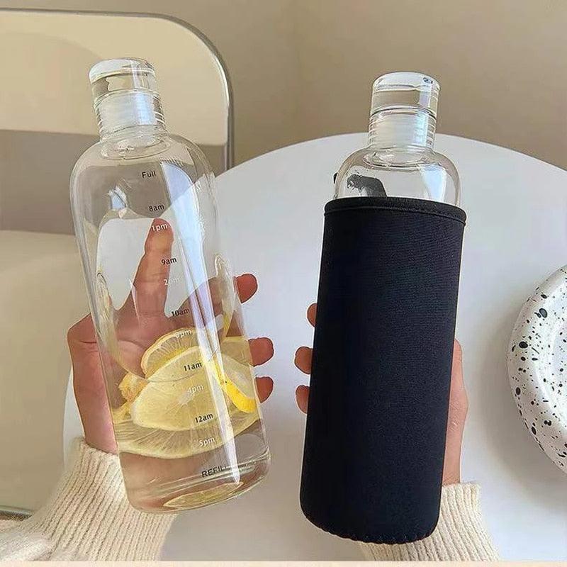 750ml Large Capacity Glass Water Bottle With Time Marker Cover For Water Drink Transparent Milk Juice Simple Cup Birthday Gift Sport Grey Glass Bottle Glass Bottle with Hourly Time Marker Leak Proof Reusable Water Bottle Stevvex
