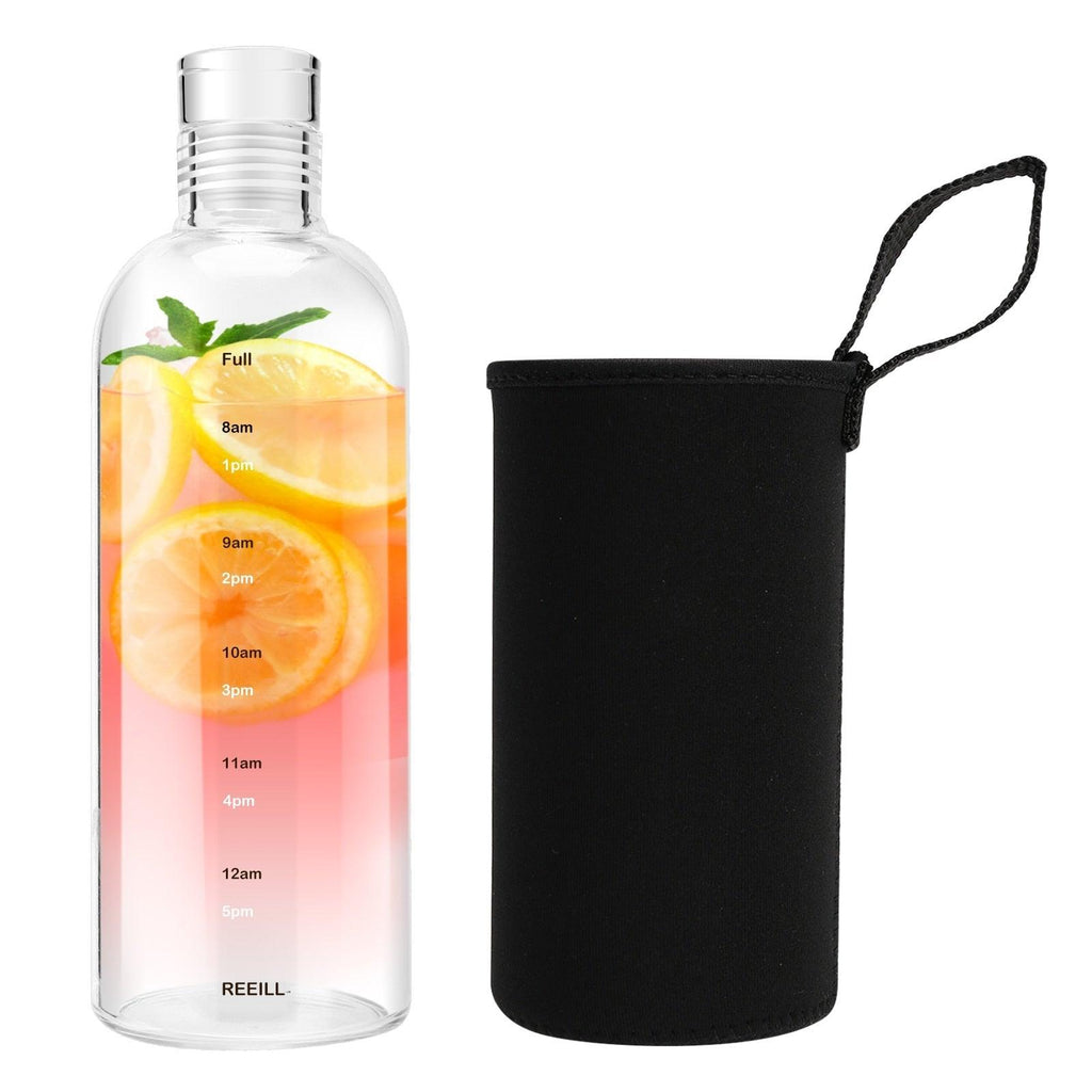 750ml Large Capacity Glass Water Bottle With Time Marker Cover For Water Drink Transparent Milk Juice Simple Cup Birthday Gift Sport Grey Glass Bottle Glass Bottle with Hourly Time Marker Leak Proof Reusable Water Bottle Stevvex