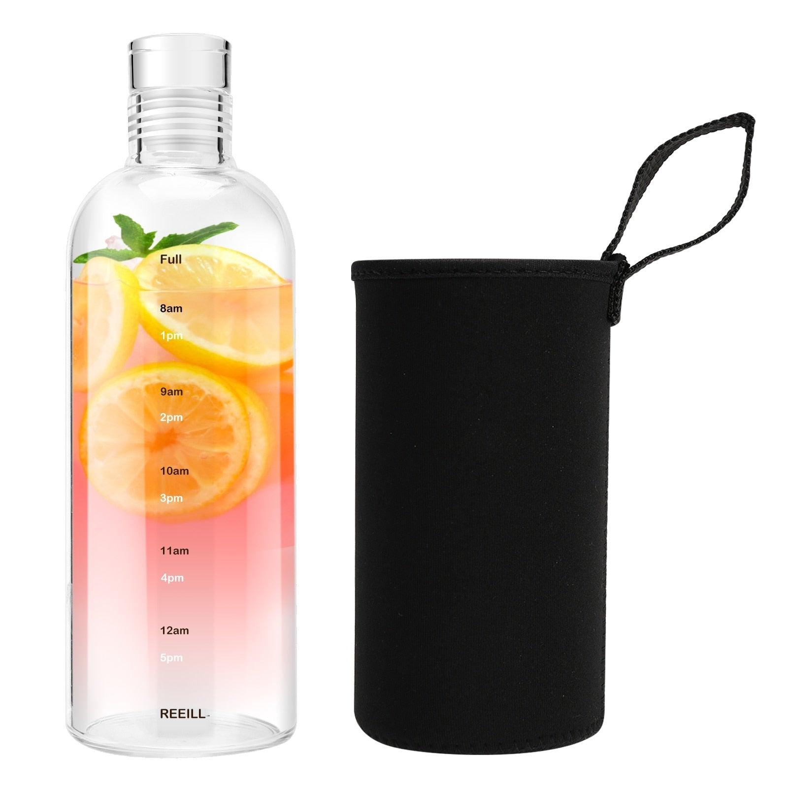750ml Large Capacity Glass Water Bottle With Time Marker Cover For Water Drink Transparent Milk Juice Simple Cup Birthday Gift Sport Grey Glass Bottle Glass Bottle with Hourly Time Marker Leak Proof Reusable Water Bottle Stevvex
