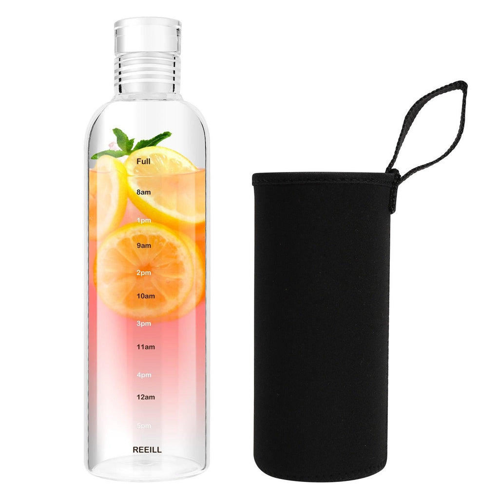 750ml Large Capacity Glass Water Bottle With Time Marker Cover For Water Drink Transparent Milk Juice Simple Cup Birthday Gift Sport Grey Glass Bottle Glass Bottle with Hourly Time Marker Leak Proof Reusable Water Bottle Stevvex