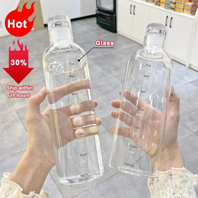 750ml Large Capacity Glass Water Bottle With Time Marker Cover For Water Drink Transparent Milk Juice Simple Cup Birthday Gift Sport Grey Glass Bottle Glass Bottle with Hourly Time Marker Leak Proof Reusable Water Bottle Stevvex