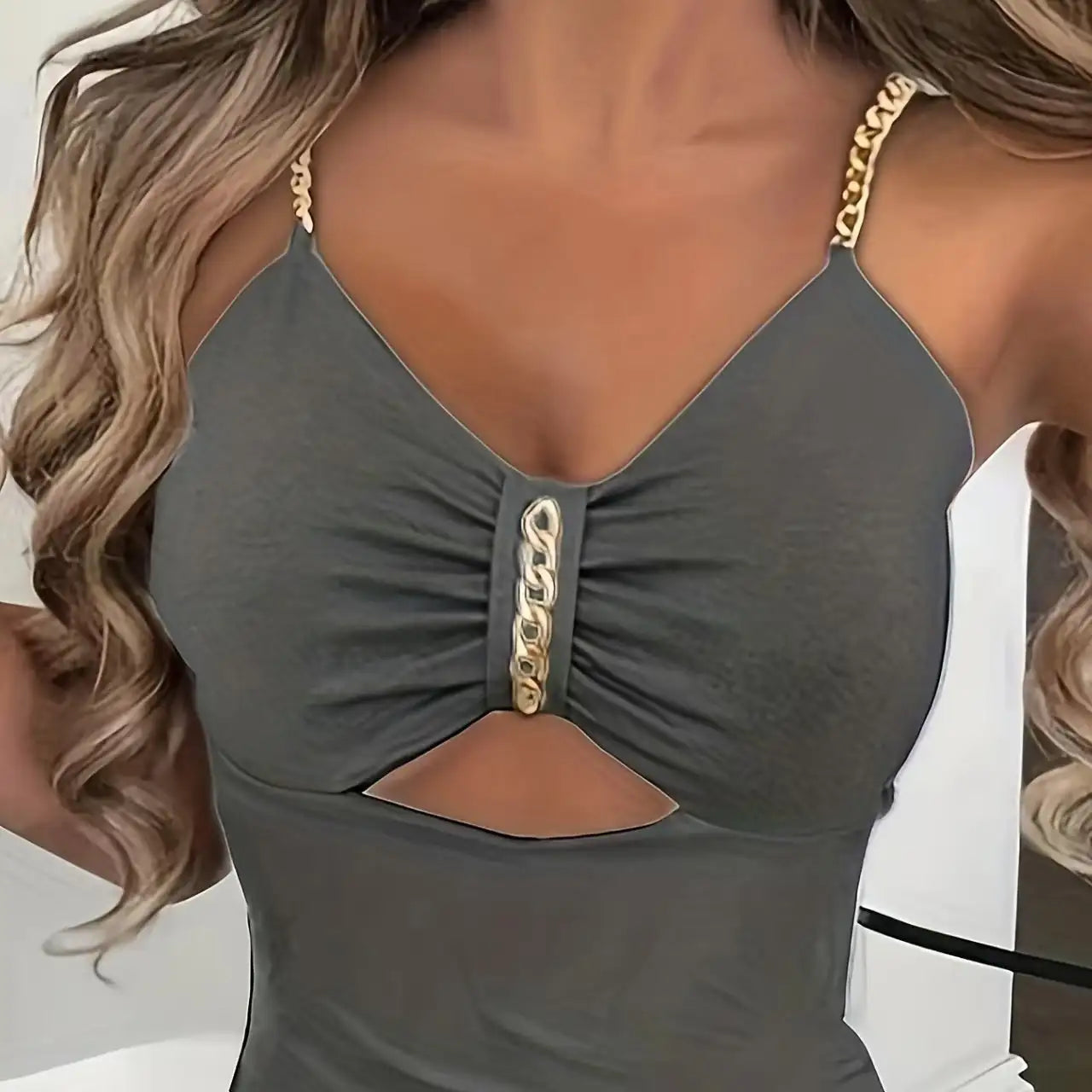 Women's Solid Color New Fashionable Metal Chain Hollow Chest Pleat Details Slit Design Sense Long Sexy Style Dress - SJB-DIAMOND ELITES