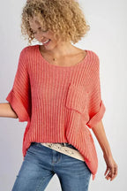 Salmon Rolled Cuff Knit Tee - Oversized Comfort | Femstylo