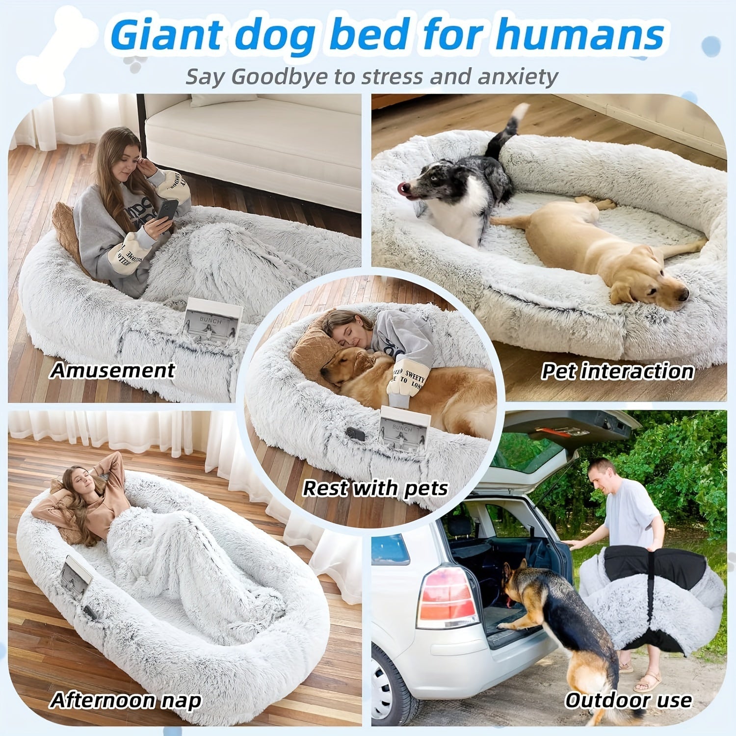 Orthopedic Human Dog Bed 71"x45"x12" Oval Washable Faux Fur Pet Bed with Plump Pillow, Blanket & Strap - Non-Slip Spa Design for All Dog Sizes, Grey, Cozy Nap Spot, Cozy Aesthetic, Durable Polyester, Home Lounging