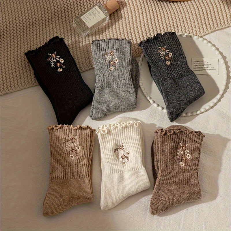 6 Pairs Floral Embroidery Socks, Comfy & Soft Lettuce Trim Socks, Women's Stockings & Hosiery Lootquake LLC