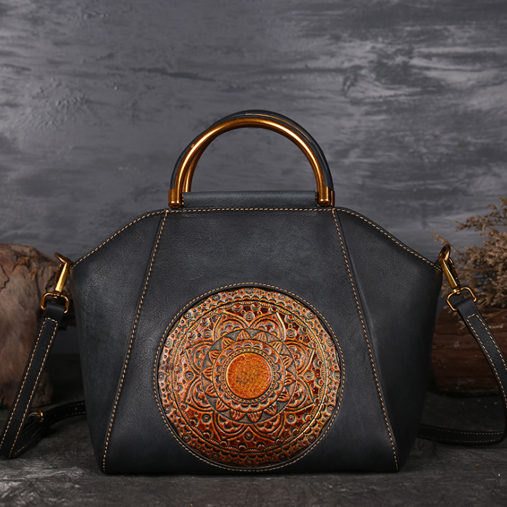 Genuine Embossed Leather Messenger Top Handle Bag Retro Handbag Totem Pattern High Quality Natural Skin Women Shoulder Tote Bags Pi-Mart