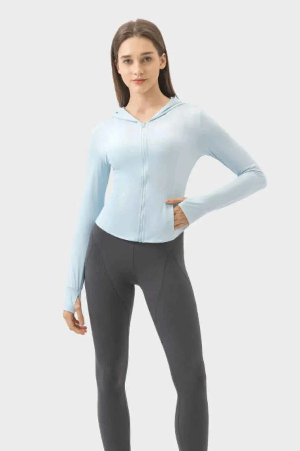 Millennia Pocketed Zip Up Hooded Long Sleeve Active Outerwear THRIXINE