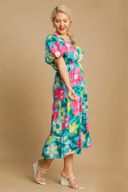 Beautiful Full Size Floral Print Puff Sleeve Midi Dress Plus Size Trendy & Chic Dress Modern Design