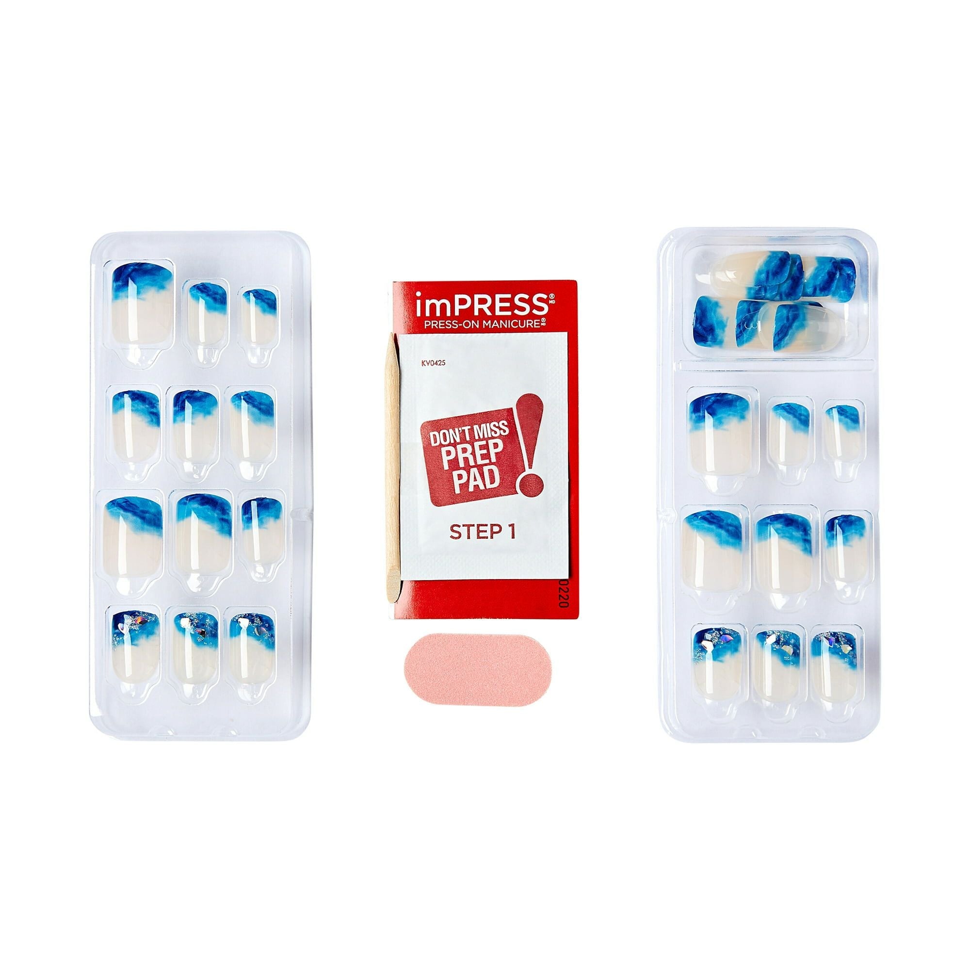KISS imPRESS Long-Lasting Short Square Gel Press-On Nails, Glossy Blue & White, 30 Pieces