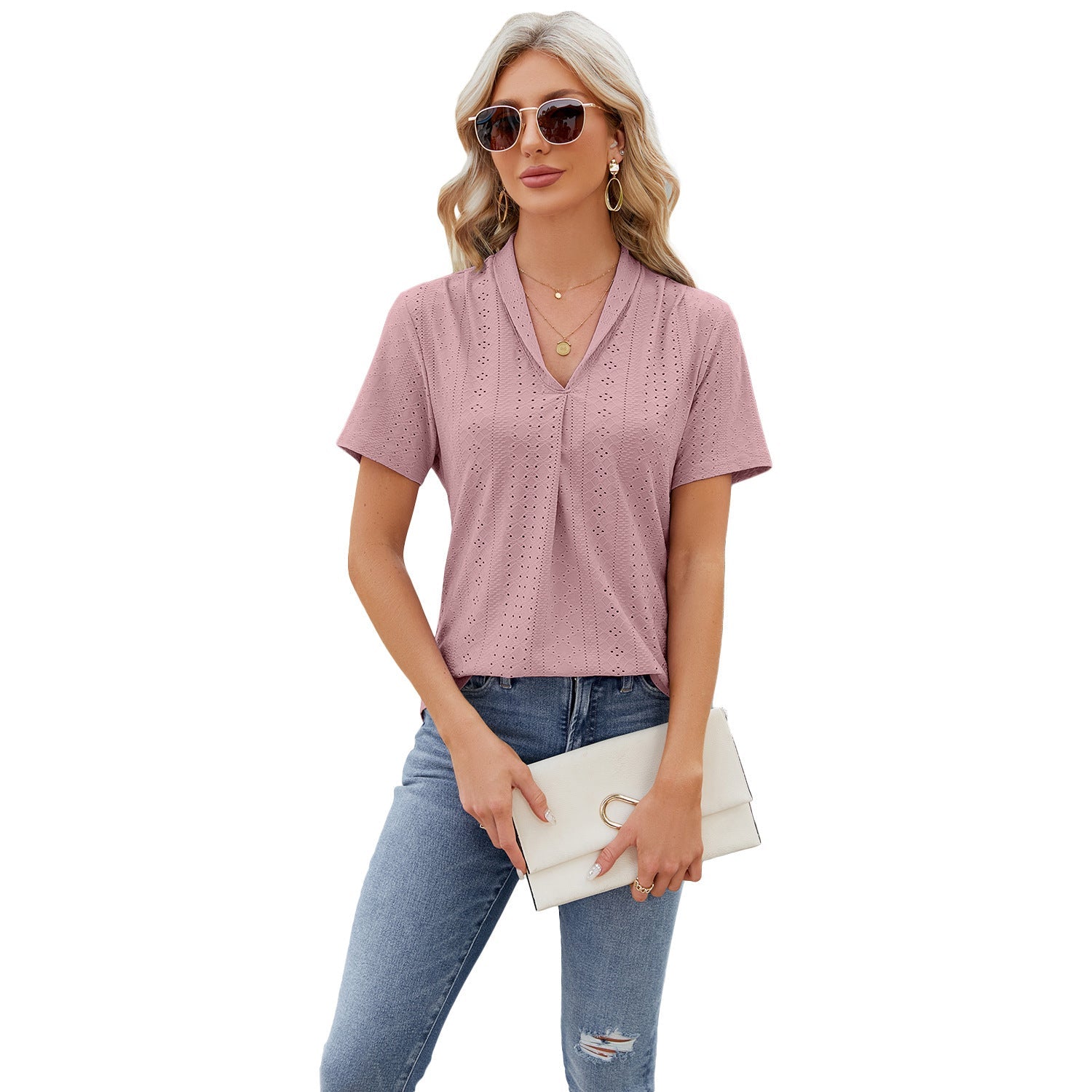 V-neck Hollow Design T-shirt Summer Loose Short-sleeved Top For Womens Clothing Pi-Mart