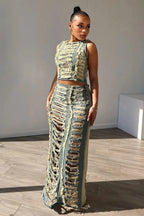 DSMTRC Women Sleeveless Crop Tank Tops and Split Side Maxi Skirt Streetwear Outfits Elegant Ripped Hole Denim Two 2 Piece Dress Purplish Diva