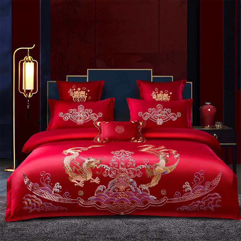 Red Wedding Four-piece Set Wholesale Cotton Wedding Embroidery Bedding Pure Cotton Marriage Bed Xi Quilt Cover Dragon And Phoenix Pi-Mart