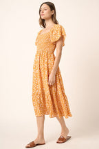 New Summer Flower Print Flutter Sleeve Smocked Midi Dress For Women – Fluttering, Trendy, Romantic and Feminine Style Stevvex
