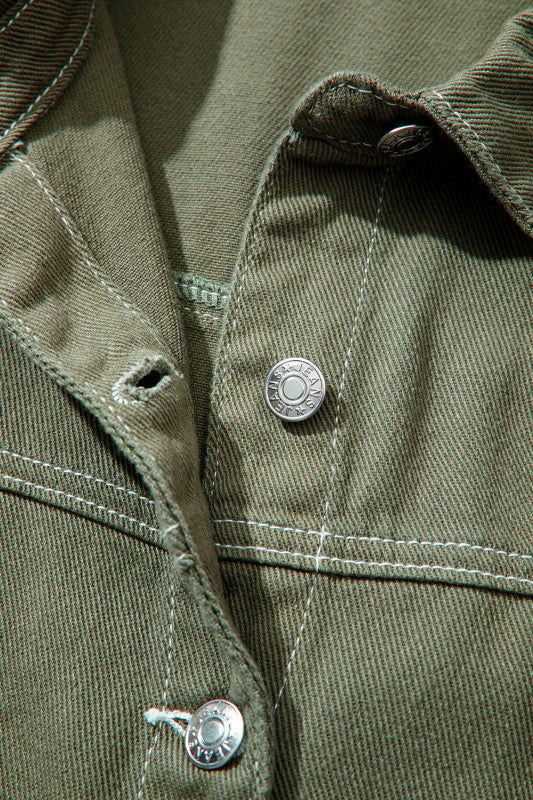 Denim Button-Up Patch Pocket Collared Jacket THRIXINE