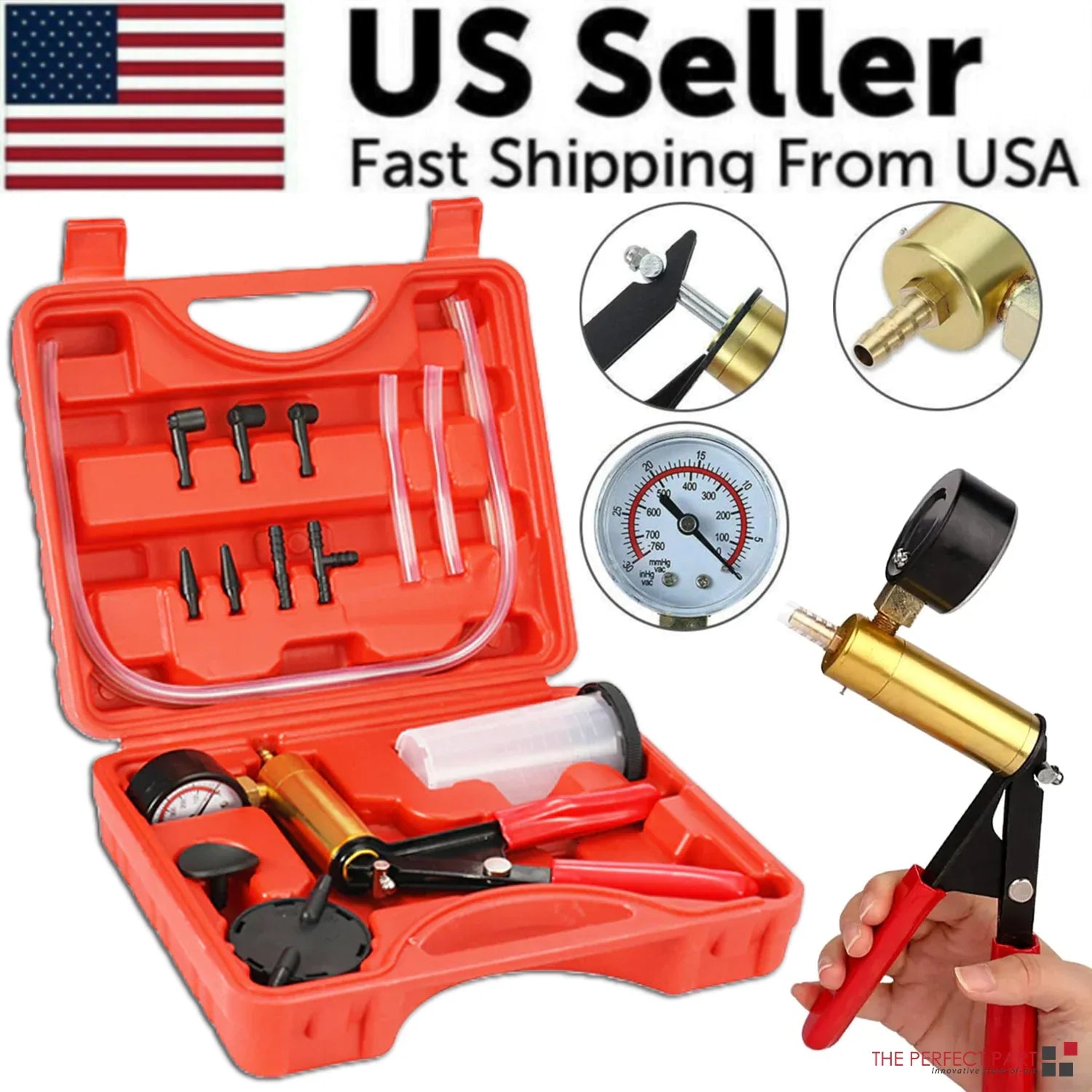 Hand Held Vacuum Pressure Pump Tester Set Brake Fluid Bleeder Bleeding Kit + Box Pi-Mart