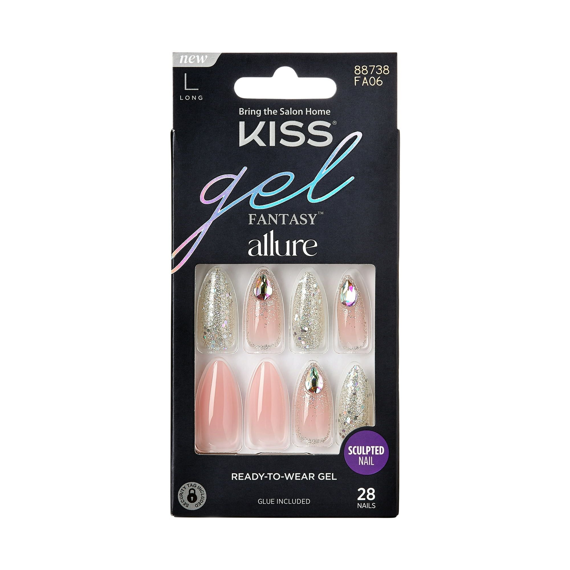 KISS Gel Fantasy Allure Ready-To-Wear Long Almond Fake Nails, Pink & Silver, 28 Pieces EasyOptionXY LLC
