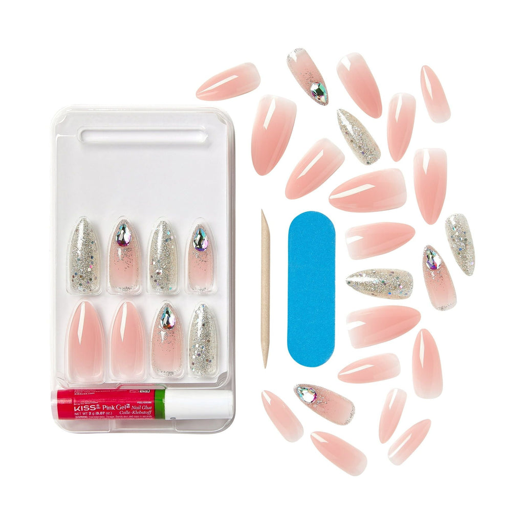 KISS Gel Fantasy Allure Ready-To-Wear Long Almond Fake Nails, Pink & Silver, 28 Pieces EasyOptionXY LLC