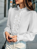 Fashionable Stand-up Collar Long-sleeved Shirt With Lotus Leaf Hem - SJB-DIAMOND ELITES