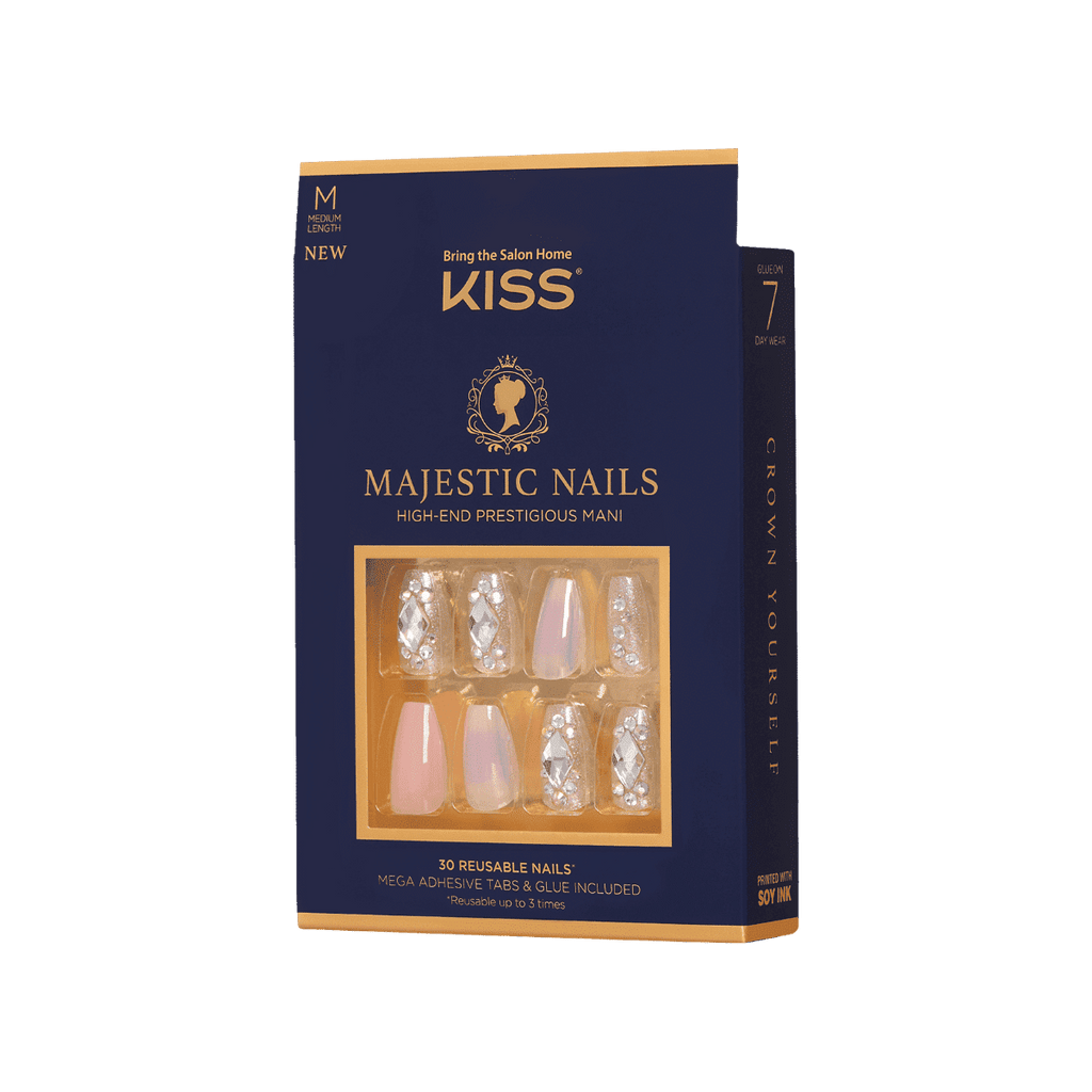 KISS Majestic Nails, 'In a Crown', 30 Reusable Medium Coffin Shape Jeweled Nails EasyOptionXY LLC