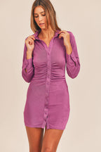 Front Ruched Button-Down Skinny Mini Shirt Dress – Ruched Mini Dress, Button-Down Dress, Bodycon Dress, Skinny Fit Dress, Trendy Mini Dress Stevvex
